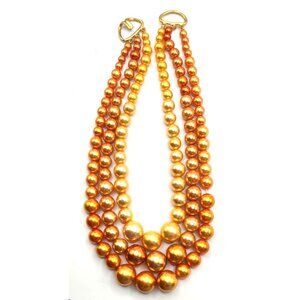 Vintage Tangerine Orange Yellow Faux Pearl Bead 3-Strand Choker Necklace